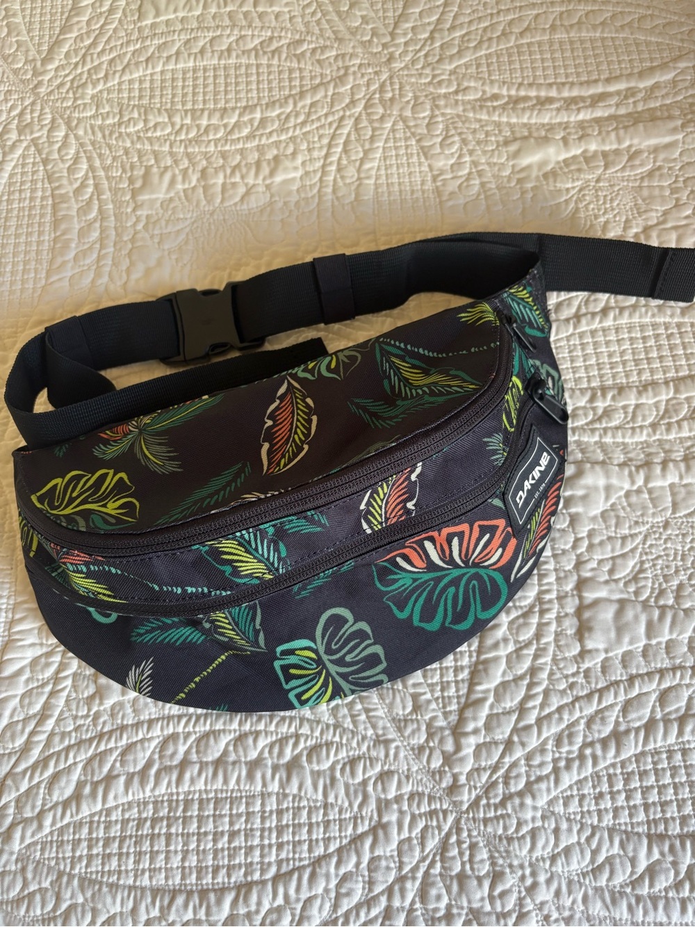 Dakine Black Tropical Leaf Fanny Pack with Green & Coral Accents